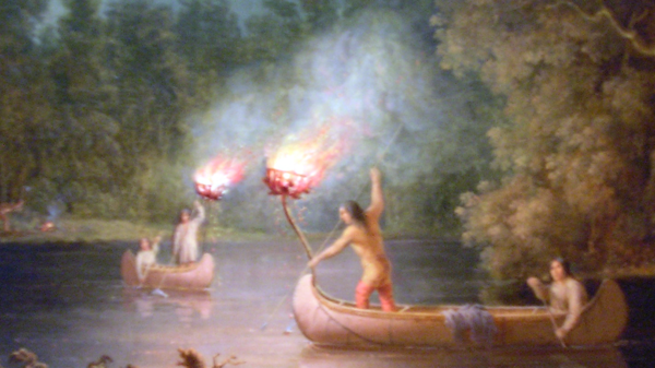 Med thumb spearing salmon by torchlight an oil painting by paul kane.