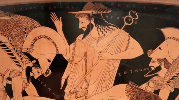 Med thumb hypnos and thanatos carrying dead sarpedon while hermes watches. inscriptions in ancient greek